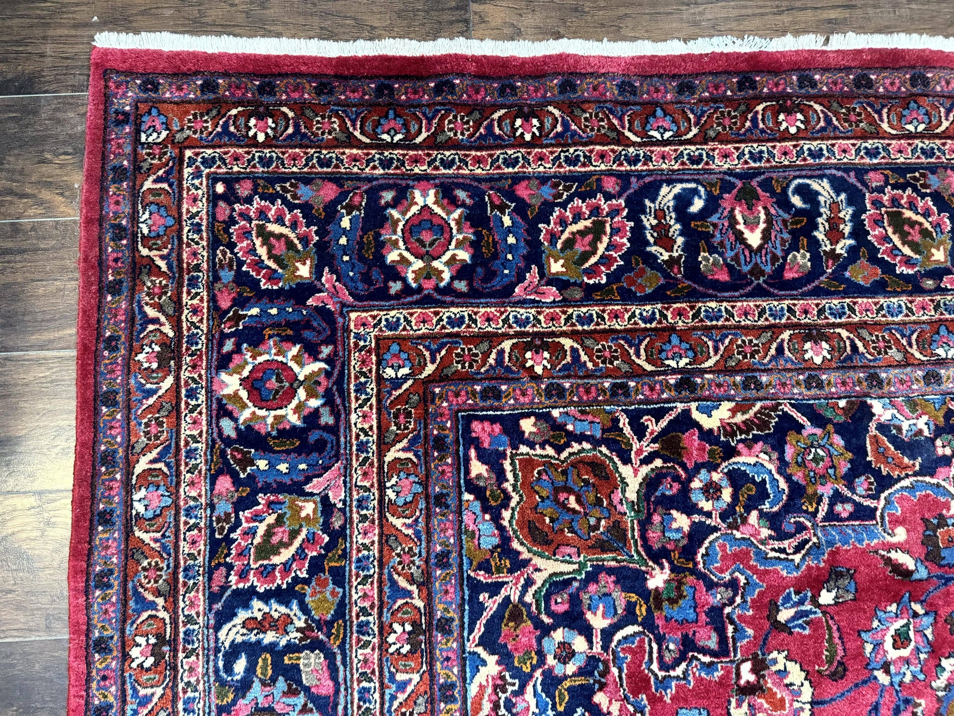 Antique Persian Mashad Rug 10x13, Red and Navy Blue, Great Colors, Signed By Masterweaver, Floral Medallion, Handmade Wool Persian Carpet - Nuvé