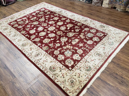 Vintage Traditional Oriental Area Rug, Hand-Knotted, Wool & Silk Accents, Maroon Red and Beige, 6x9 Carpet, 5' 9" x 9' - Nuvé