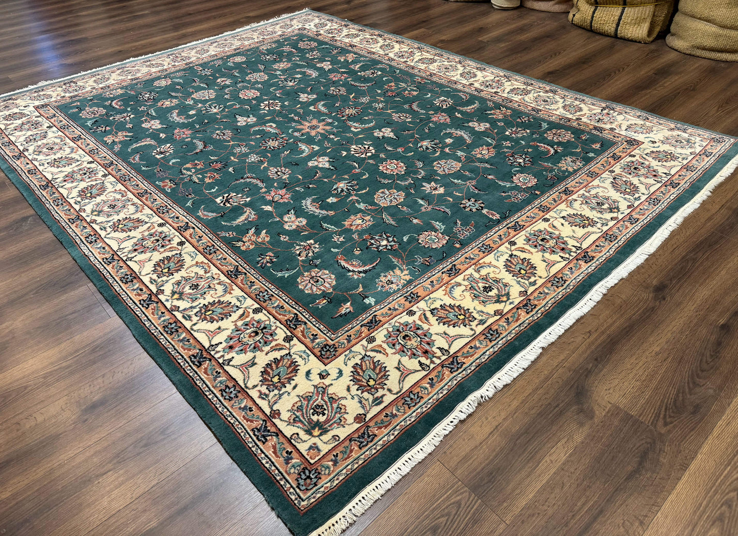 Indo Persian Rug 8x10, Green and Beige Oriental Carpet, Traditional Wool Area Rug, Floral Allover Pattern - Nuvé