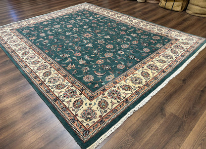 Indo Persian Rug 8x10, Green and Beige Oriental Carpet, Traditional Wool Area Rug, Floral Allover Pattern - Nuvé