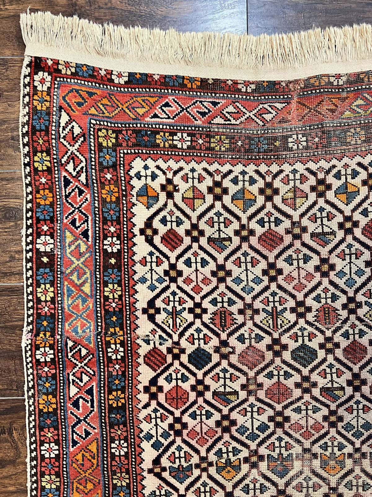 Antique Caucasian Rug 4x5, Hand Knotted Handmade Shirvan Oriental Carpet, Ivory Red Rug Allover Pattern, Rare Wool Rug, Tribal Geometric Rug