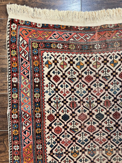 Antique Caucasian Rug 4x5, Hand Knotted Handmade Shirvan Oriental Carpet, Ivory Red Rug Allover Pattern, Rare Wool Rug, Tribal Geometric Rug