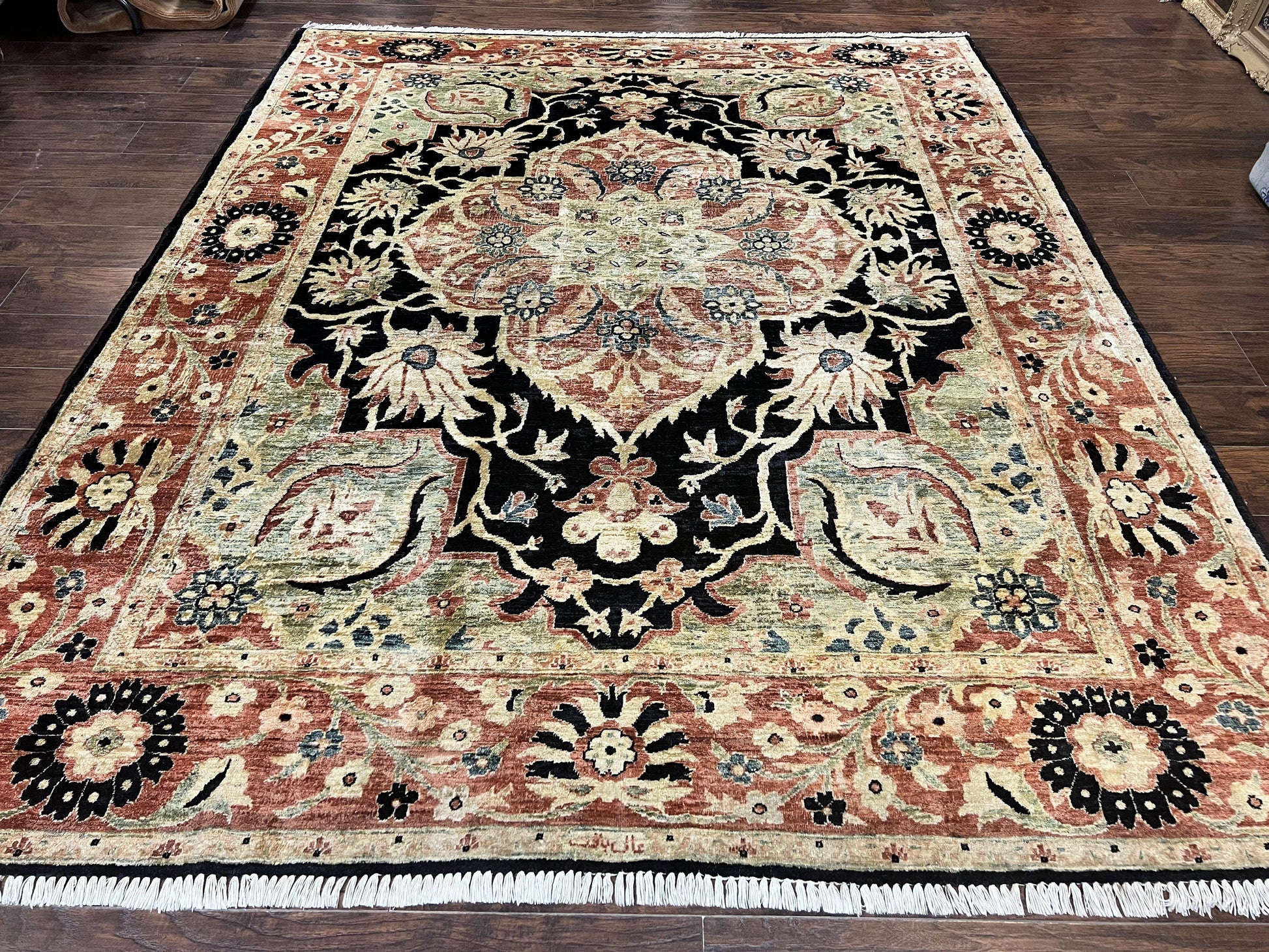 Pak Persian Rug 8x10, Pakistani Mahal Sultanabad Carpet, Signature from Master Weaver, Shiny Wool, Black Red Vintage Handmade Medallion Rug - Nuvé