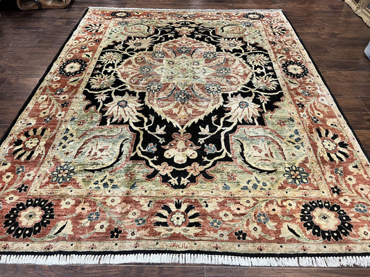 Pak Persian Rug 8x10, Pakistani Mahal Sultanabad Carpet, Signature from Master Weaver, Shiny Wool, Black Red Vintage Handmade Medallion Rug - Nuvé