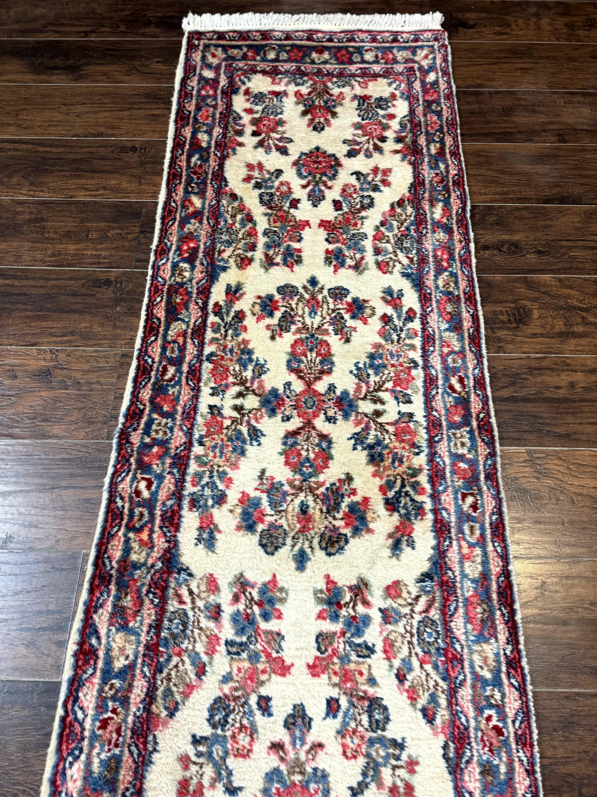 Persian Sarouk Runner Rug 2.4 x 21, Handmade Wool Floral Runner Rug for Hallway, 21ft Runner, Ivory - Nuvé
