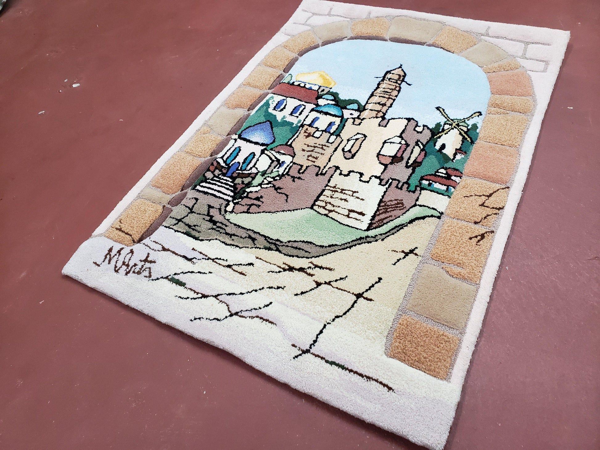 Small Judaica Rug, Rug with Jerusalem Pictorial, Chanuka Gift, Hand-Tufted, Jerusalem Gate, Vintage Judaica, Western Wall Rug, 3x4 Rug - Nuvé