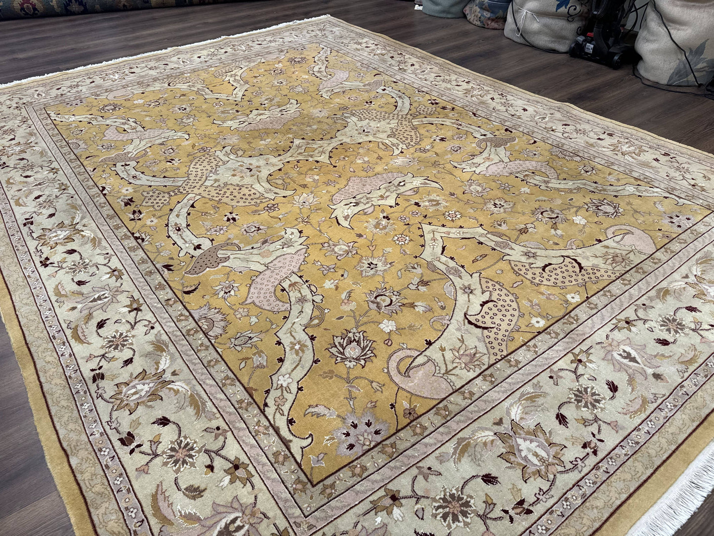 Sino Persian Rug 8x11, Wool with Silk Highlights, Unique Colors, Gold and Light Green, Fine 240 KPSI - Nuvé