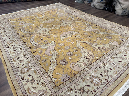 Sino Persian Rug 8x11, Wool with Silk Highlights, Unique Colors, Gold and Light Green, Fine 240 KPSI - Nuvé