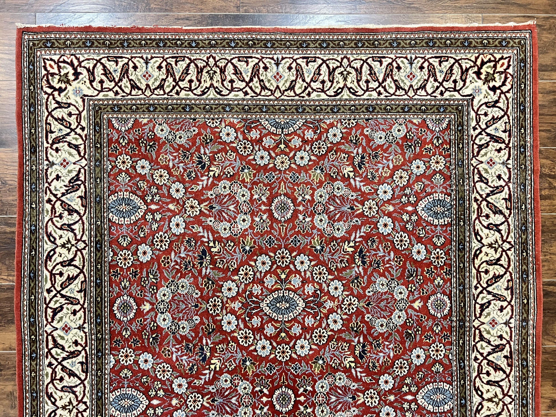 Red Persian Qum Rug 5 x 7.6, Hand Knotted Vintage Wool Fine Carpet 270 KPSI, Floral Allover - Nuvé