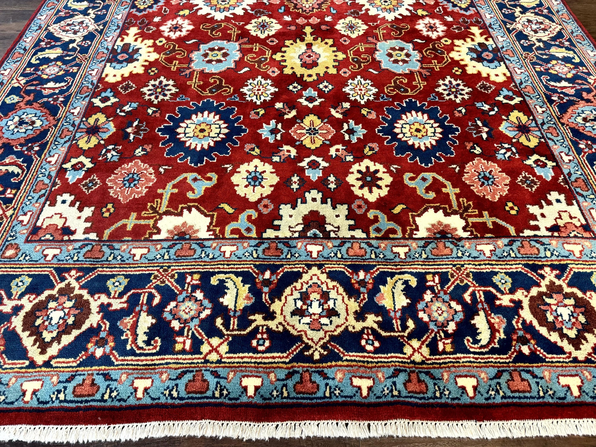 Indo Heriz Rug 8x10, Red and Navy Blue, Allover Pattern, Wool Handmade Carpet - Nuvé