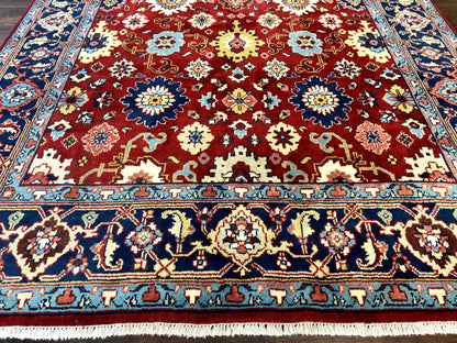 Indo Heriz Rug 8x10, Red and Navy Blue, Allover Pattern, Wool Handmade Carpet - Nuvé