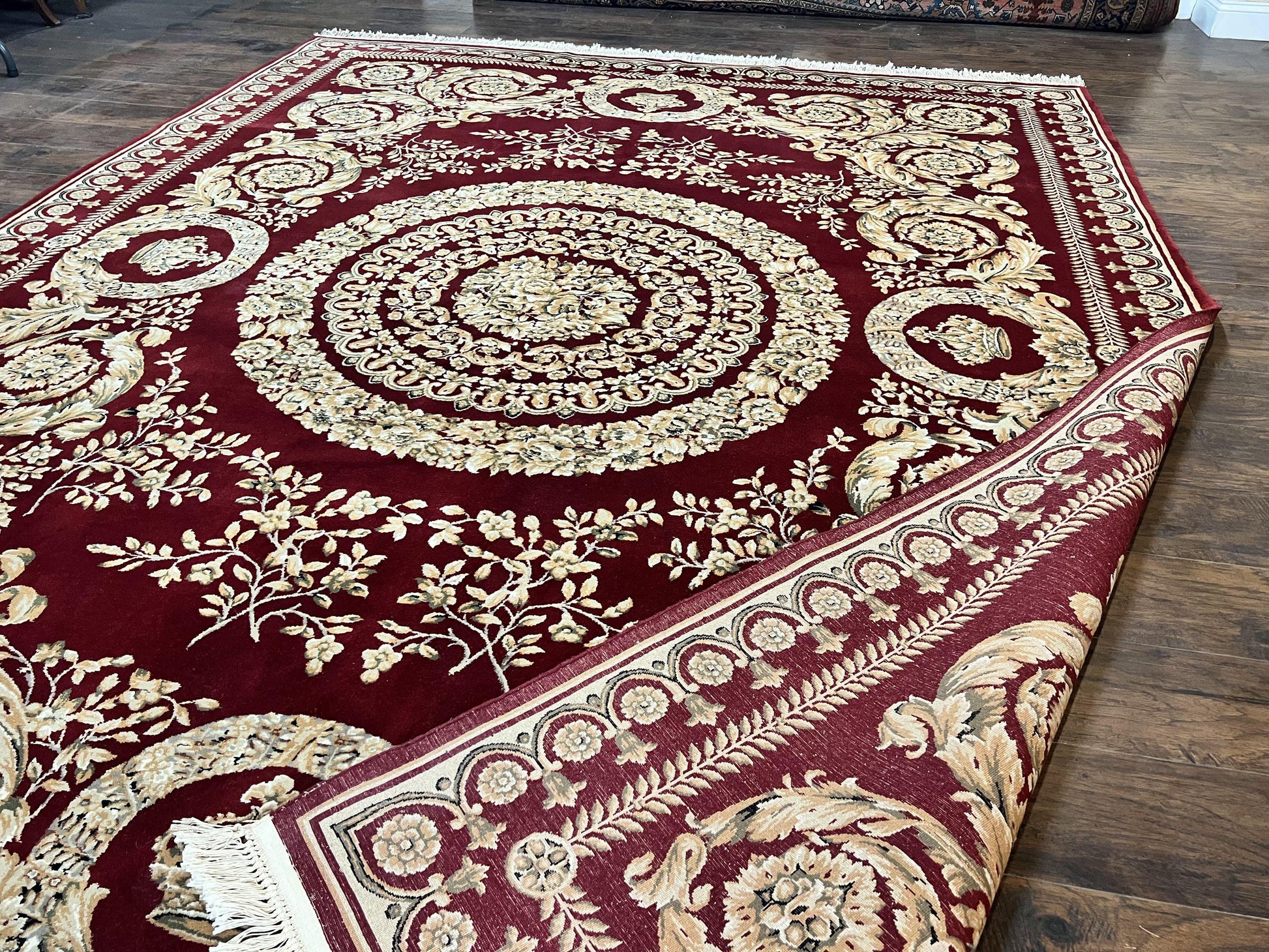 Aubusson Rug 9x12, Wool Handmade Carpet, Elegant French European Design, Dark Maroon Red, 9 x 12 Room Sized Rug, Finely Hand Knotted - Nuvé
