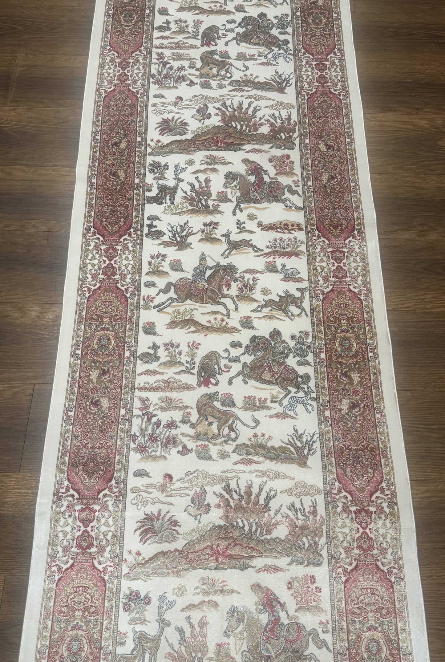 Long Turkish Silk Runner Rug 2.6 x 16.5, Hunting Design, Ivory, Bamboo Silk, New - Nuvé