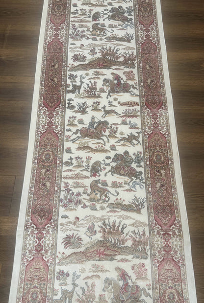 Long Turkish Silk Runner Rug 2.6 x 16.5, Hunting Design, Ivory, Bamboo Silk, New - Nuvé