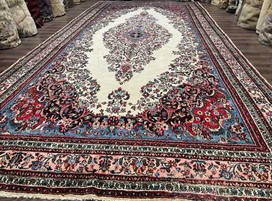 Palace Size Persian Rug 10 x 21 ft, Antique Hamadan Bibikabad Carpet, Handmade Antique Wool Oversized Rug, Ivory, Semi Open Field - Nuvé