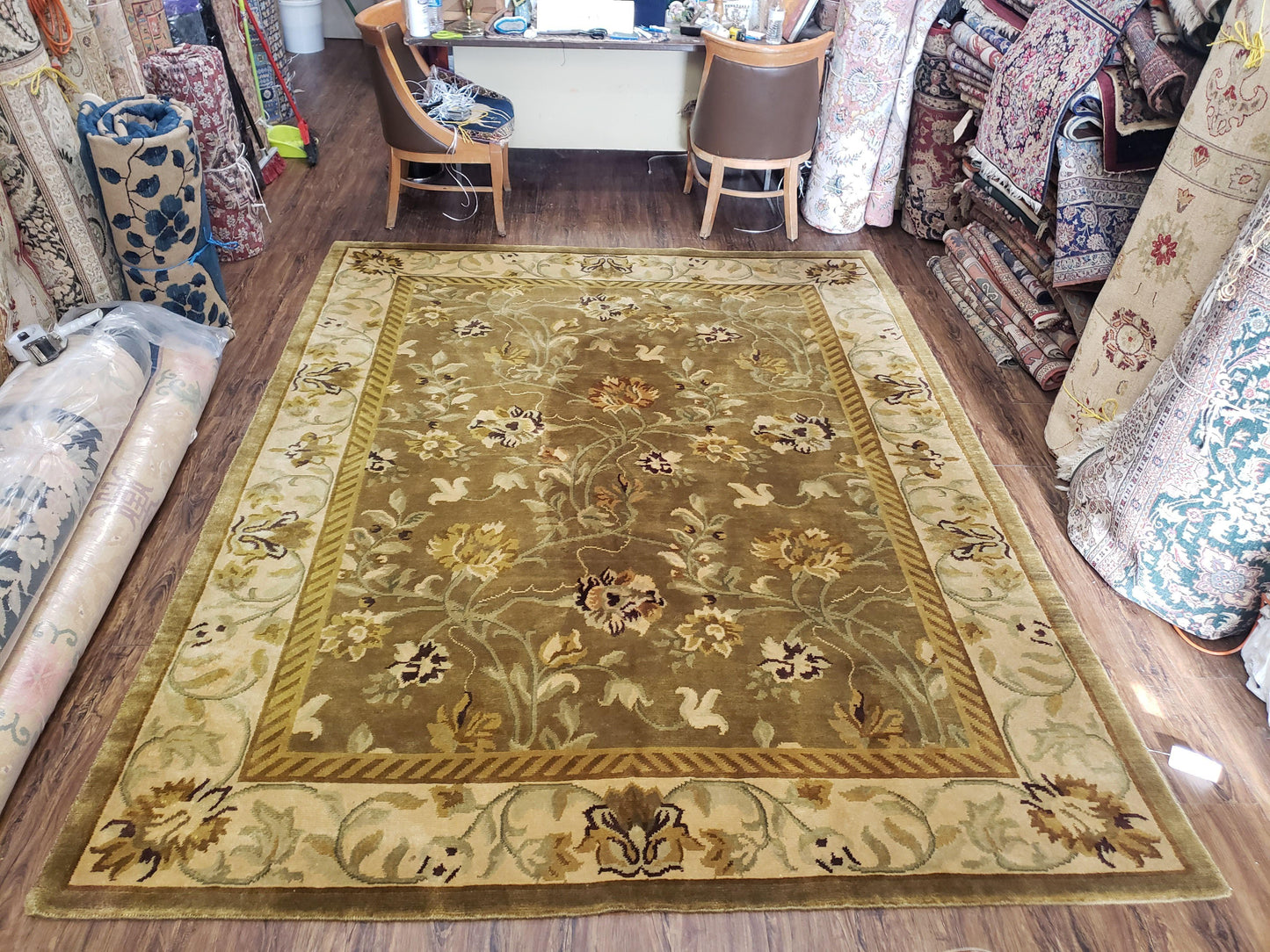 8x10 Rug - Plush Tibetan Rug - Green & Beige Floral Rug - Large Handmade Wool Rug - 250x300 Carpet - Nuvé