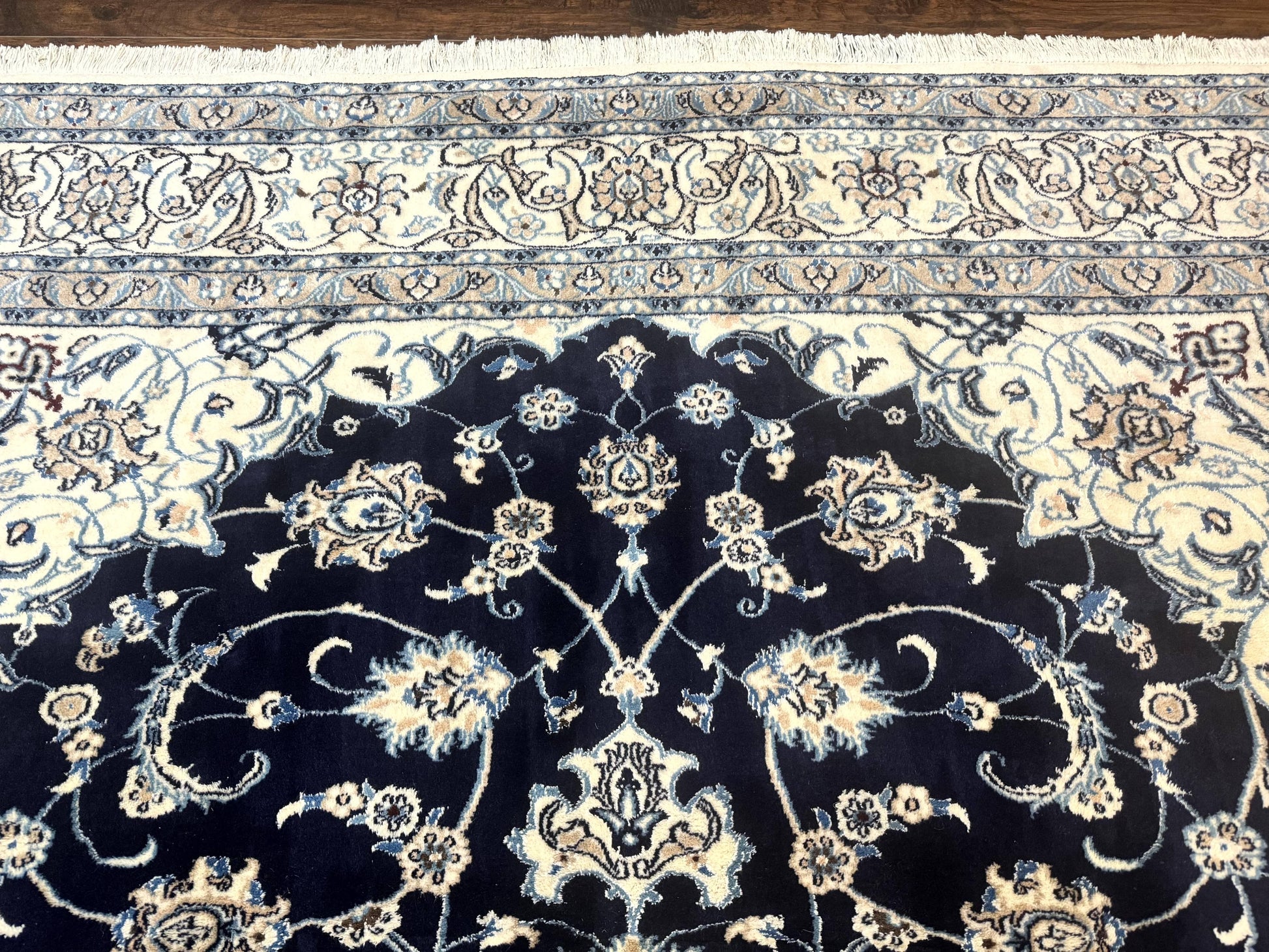 Persian Nain Rug 8x11, Navy Blue and Ivory, Handmade Wool Vintage Carpet, Floral Medallion - Nuvé