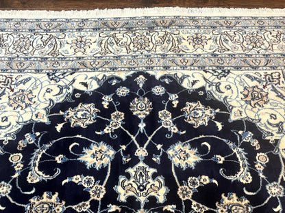 Persian Nain Rug 8x11, Navy Blue and Ivory, Handmade Wool Vintage Carpet, Floral Medallion - Nuvé