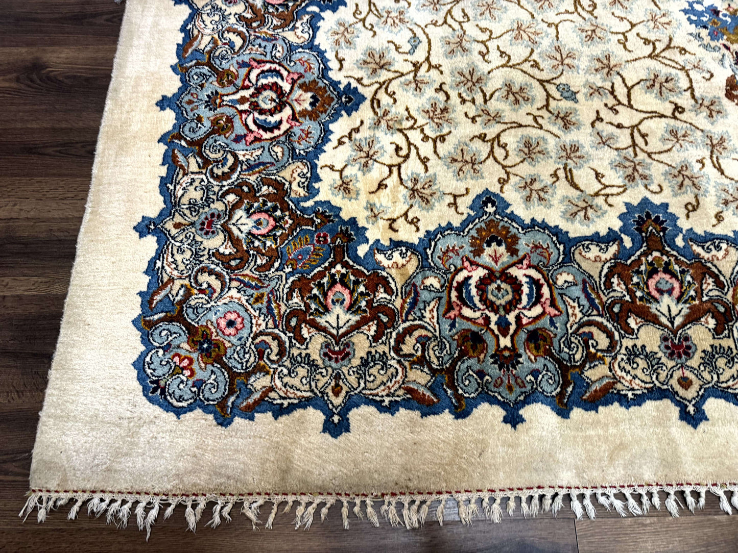 Persian Kashan Rug 9 x 12.6, Ivory and Blue, Floral Medallion, Wool Hand Knotted Semi Antique Carpet - Nuvé