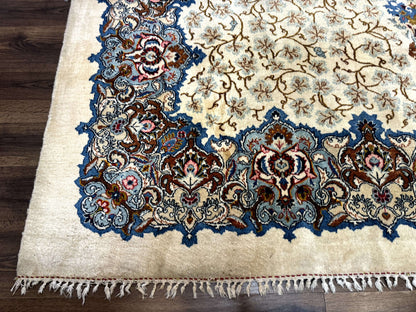 Persian Kashan Rug 9 x 12.6, Ivory and Blue, Floral Medallion, Wool Hand Knotted Semi Antique Carpet - Nuvé