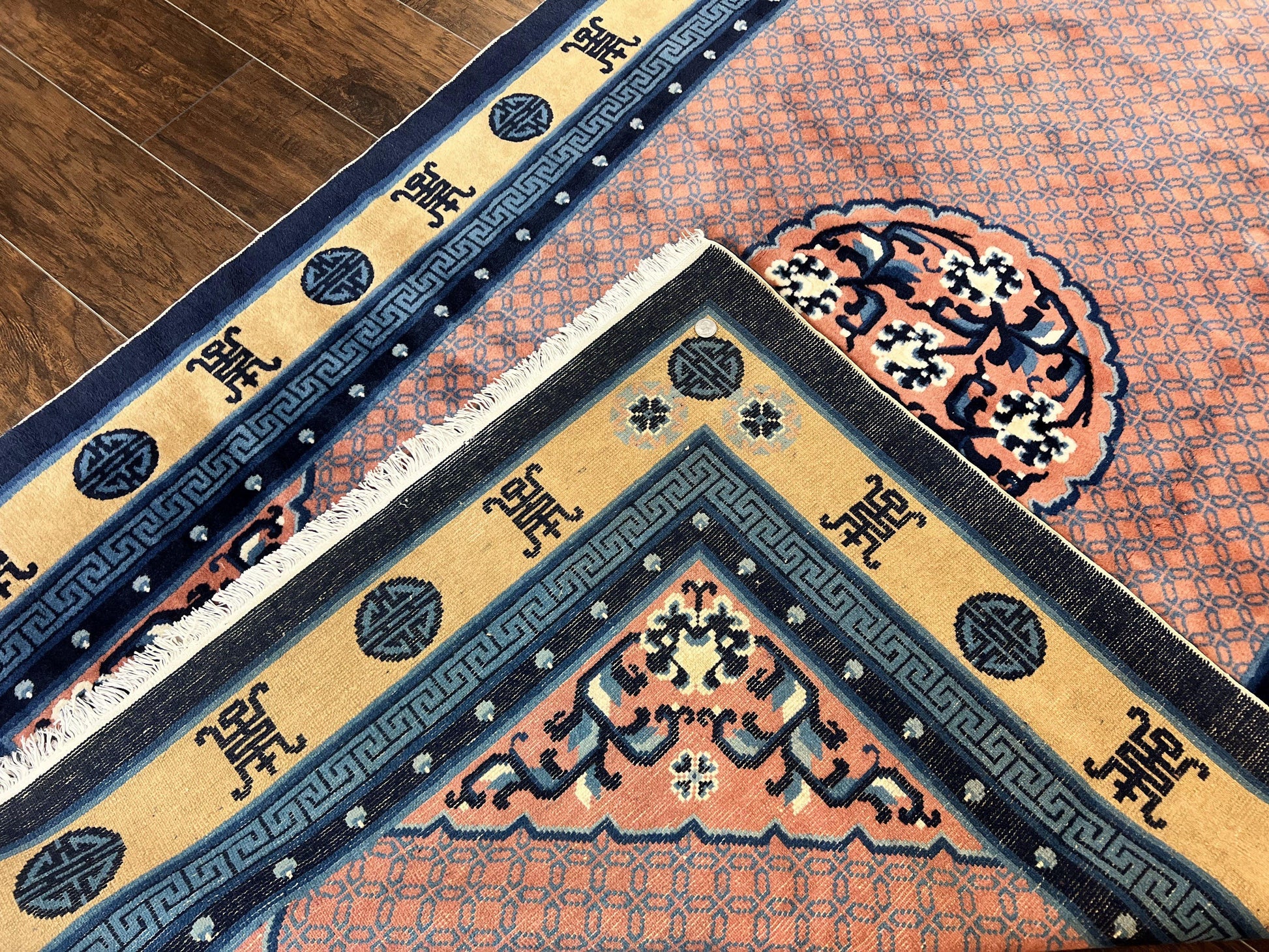 Chinese Peking Rug 5x8, Vintage Semi Antique Chinese Art Deco Carpet, Wool Pile Light Red/Salmon Gold Navy Blue, Handmade Asian Oriental Rug - Nuvé