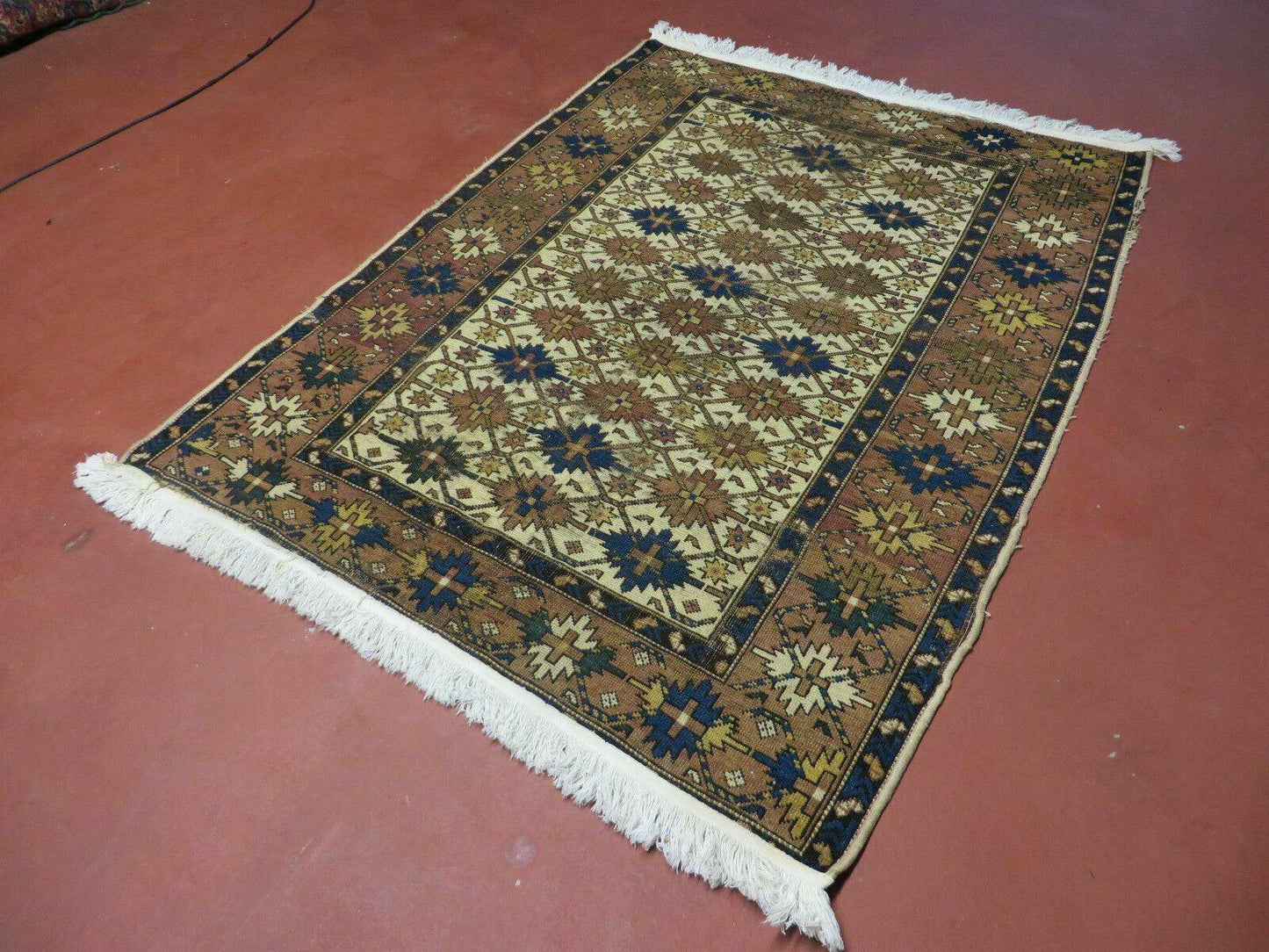 4' X 5' Antique Handmade Caucasian Kazak Shirvan Wool Rug Snow Flakes - Nuvé