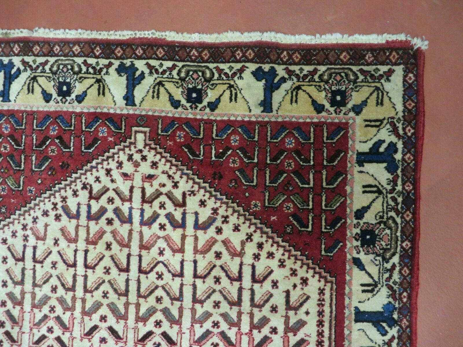 3' X 5' Vintage Handmade India Geometric Oriental Wool Rug Nice Birds Ivory Red - Nuvé