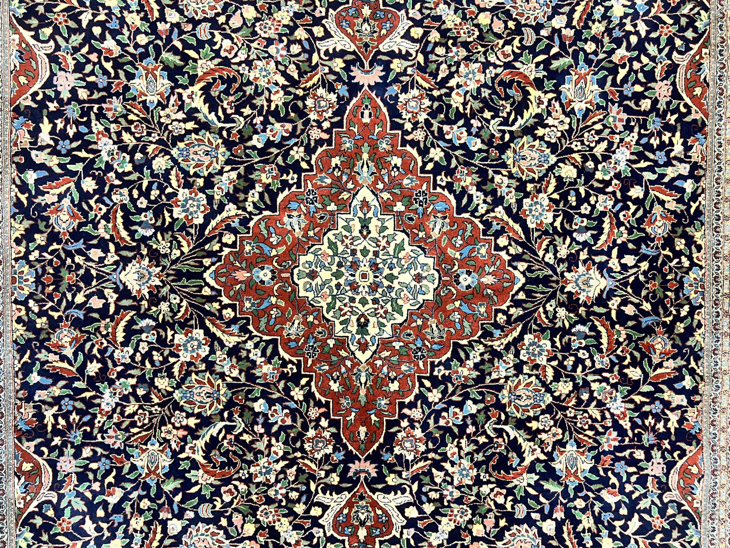 Indo Persian Rug 8x10, Floral Medallion, Vintage Handmade Wool Carpet, Navy Blue and Red, Fine 300 KPSI - Nuvé