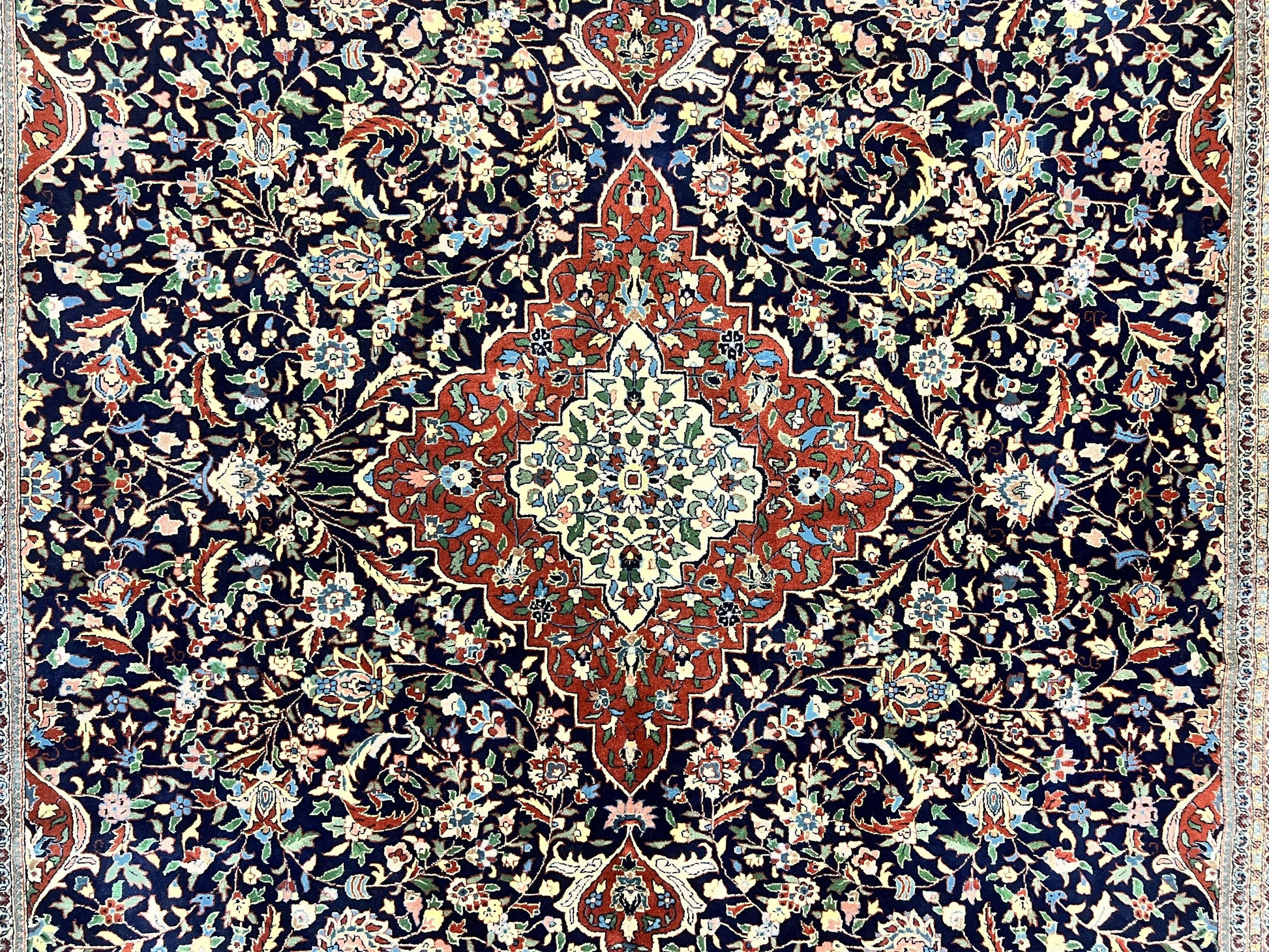 Indo Persian Rug 8x10, Floral Medallion, Vintage Handmade Wool Carpet, Navy Blue and Red, Fine 300 KPSI - Nuvé