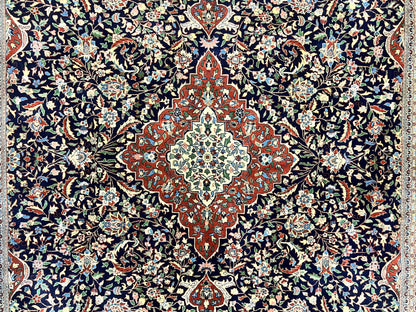 Indo Persian Rug 8x10, Floral Medallion, Vintage Handmade Wool Carpet, Navy Blue and Red, Fine 300 KPSI - Nuvé