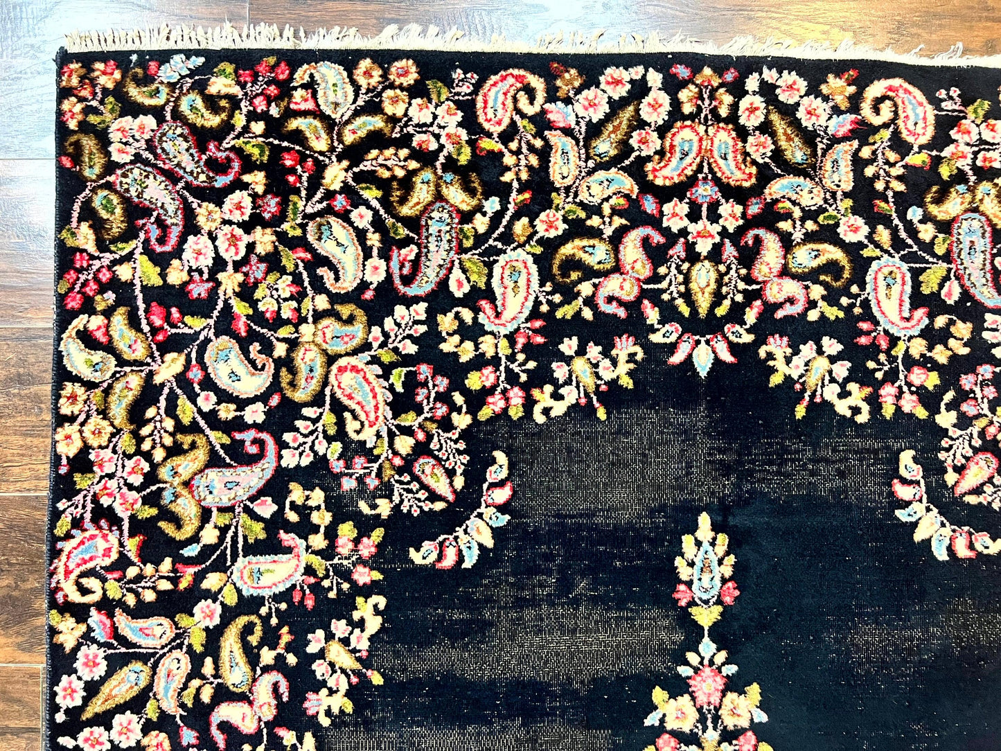 Antique Persian Kirman Rug 5x8, Floral Kirman, Midnight Blue/Black, Semi Open Field, Handmade Vintage Wool Carpet - Nuvé