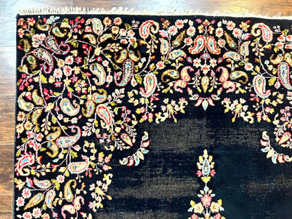 Antique Persian Kirman Rug 5x8, Floral Kirman, Midnight Blue/Black, Semi Open Field, Handmade Vintage Wool Carpet - Nuvé