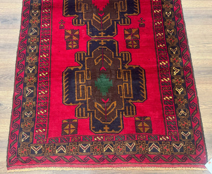Red Afghan Balouch Rug 4x7, Triple Medallions, Handmade, New - Nuvé