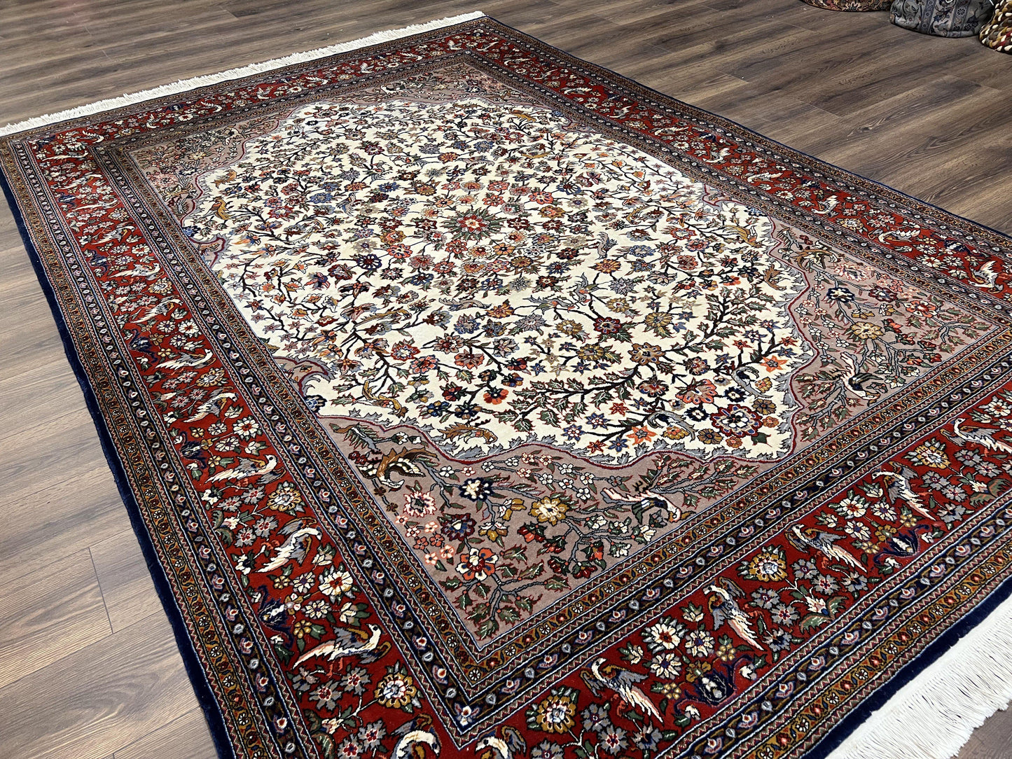 Beautiful Sino Persian Rug 7x10, Circle of Life Tree of Life Rug, Birds, Cream Red Navy Blue Taupe, Wool Silk Accents, Hand Knotted Vintage - Nuvé