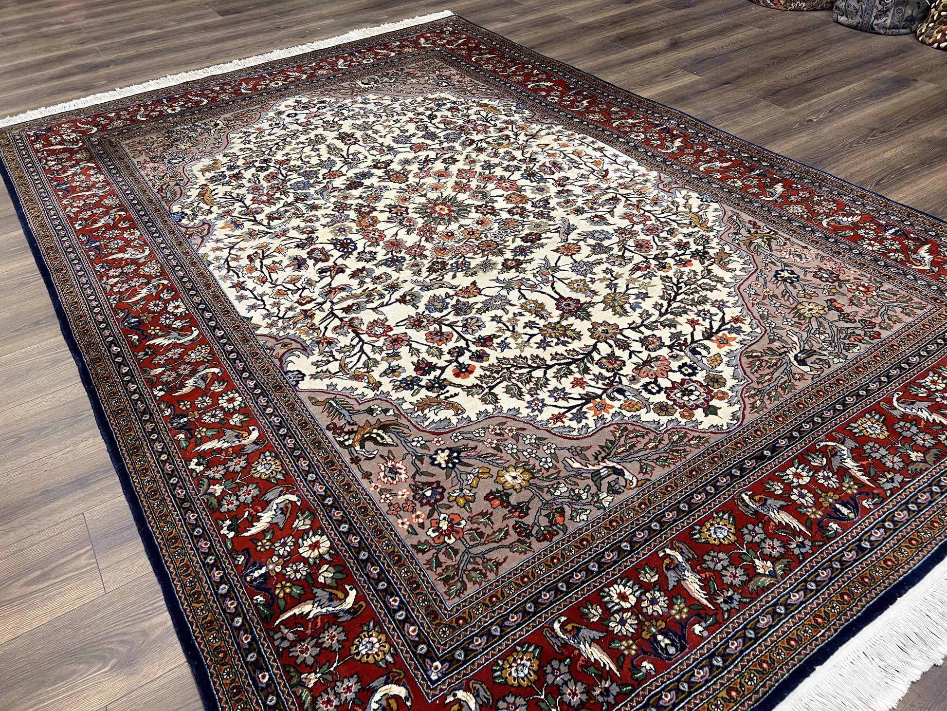 Beautiful Sino Persian Rug 7x10, Circle of Life Tree of Life Rug, Birds, Cream Red Navy Blue Taupe, Wool Silk Accents, Hand Knotted Vintage - Nuvé