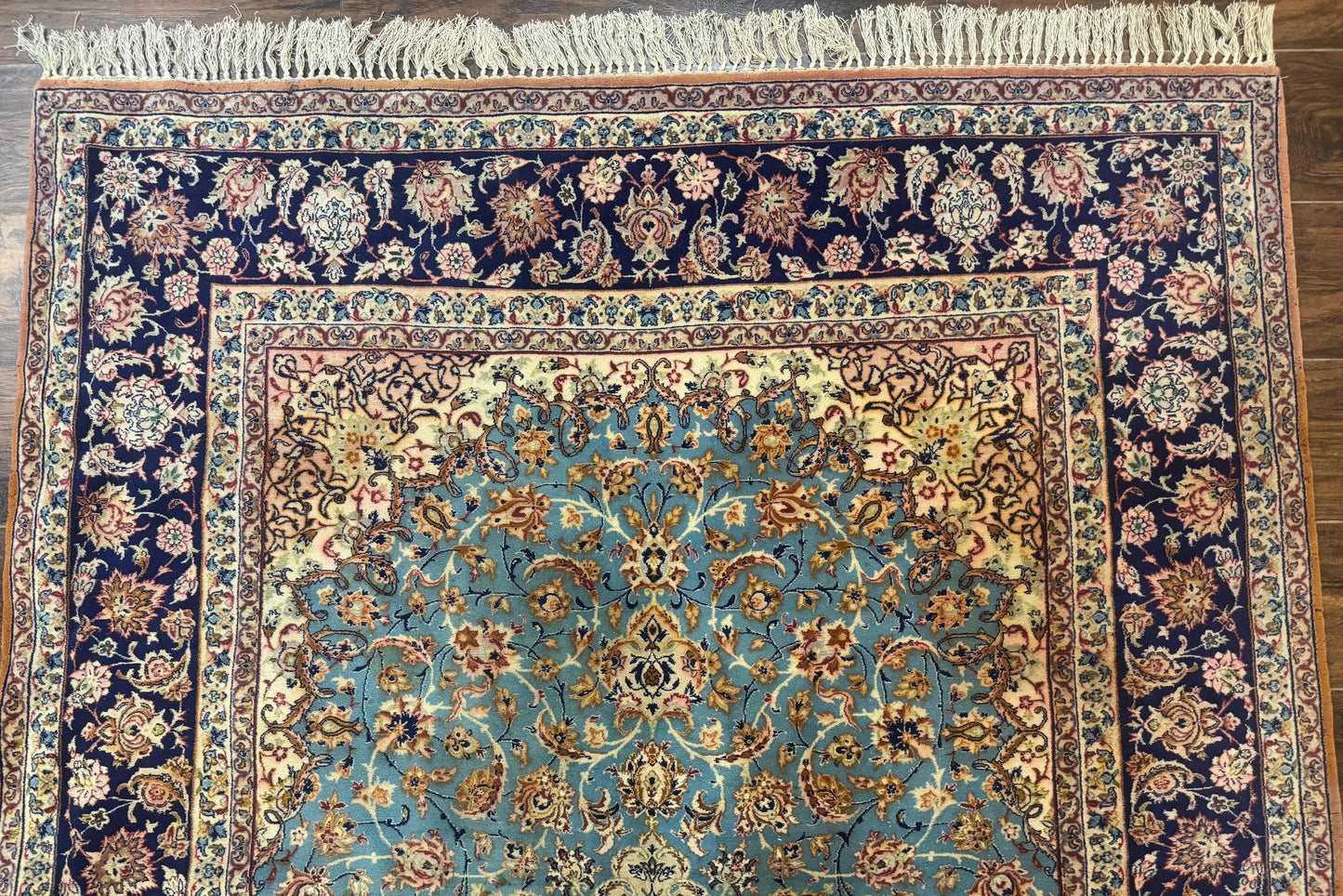 Light Blue Persian Isfahan Rug 5x8, Floral Medallion, Wool on Silk Foundation, Very Fine 530 KPSI, Handmade Carpet - Nuvé