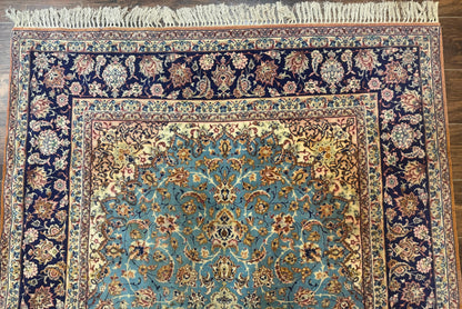 Light Blue Persian Isfahan Rug 5x8, Floral Medallion, Wool on Silk Foundation, Very Fine 530 KPSI, Handmade Carpet - Nuvé