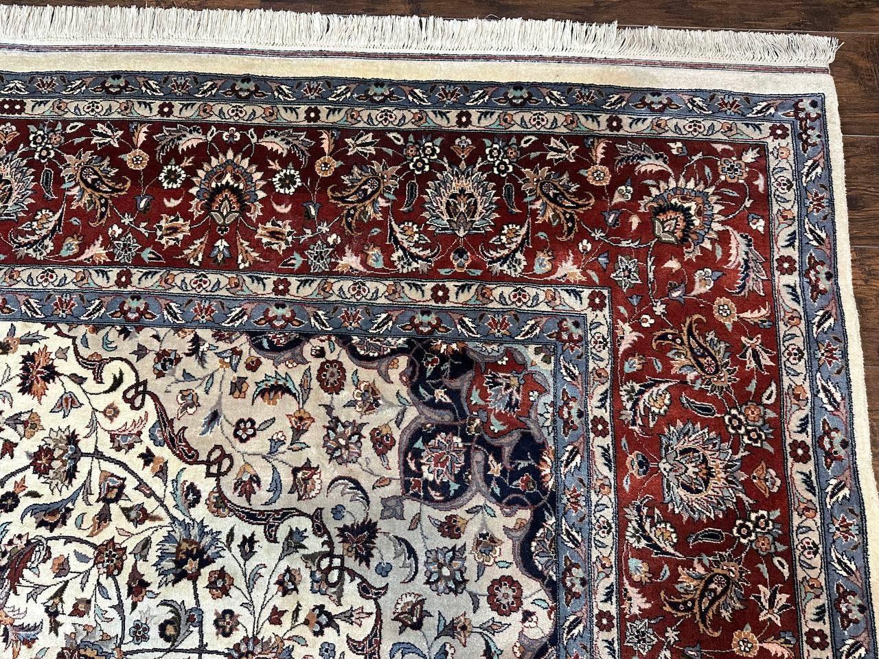 Sino Persian Rug 9x12, Vintage Wool Oriental Carpet, Floral Medallion, Wool Rug, Cream and Maroon - Nuvé