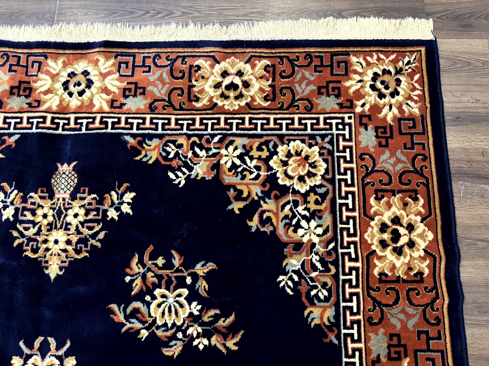 Chinese Wool Rug 8x11, Navy Blue and Terracotta, Floral, Couristan Belgium Power Loomed Carpet - Nuvé