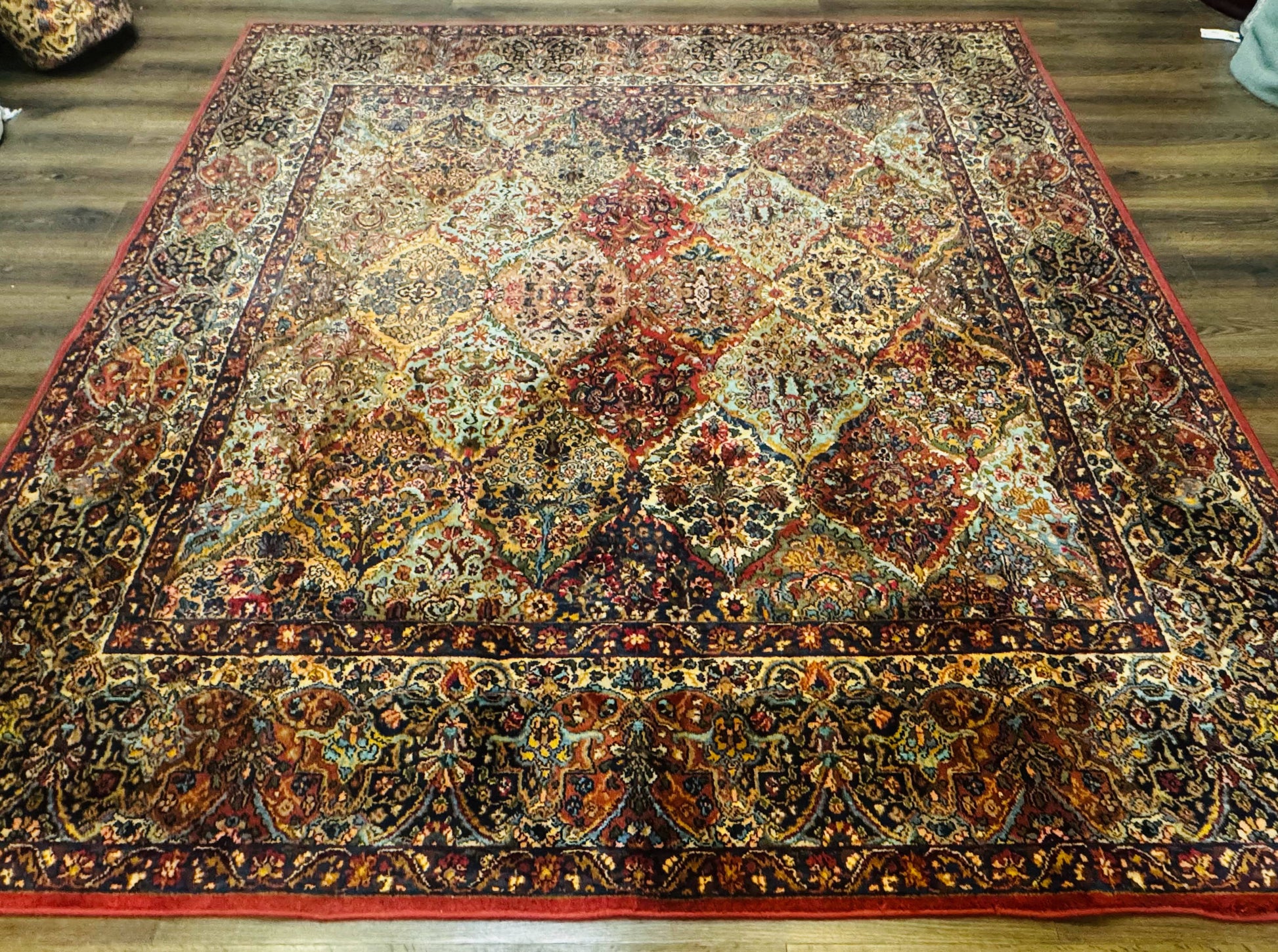 Square Karastan Multicolor Panel Kirman Rug #717, Rare Size 8.8 x 8.8, Original 700 Series, Wool - Nuvé