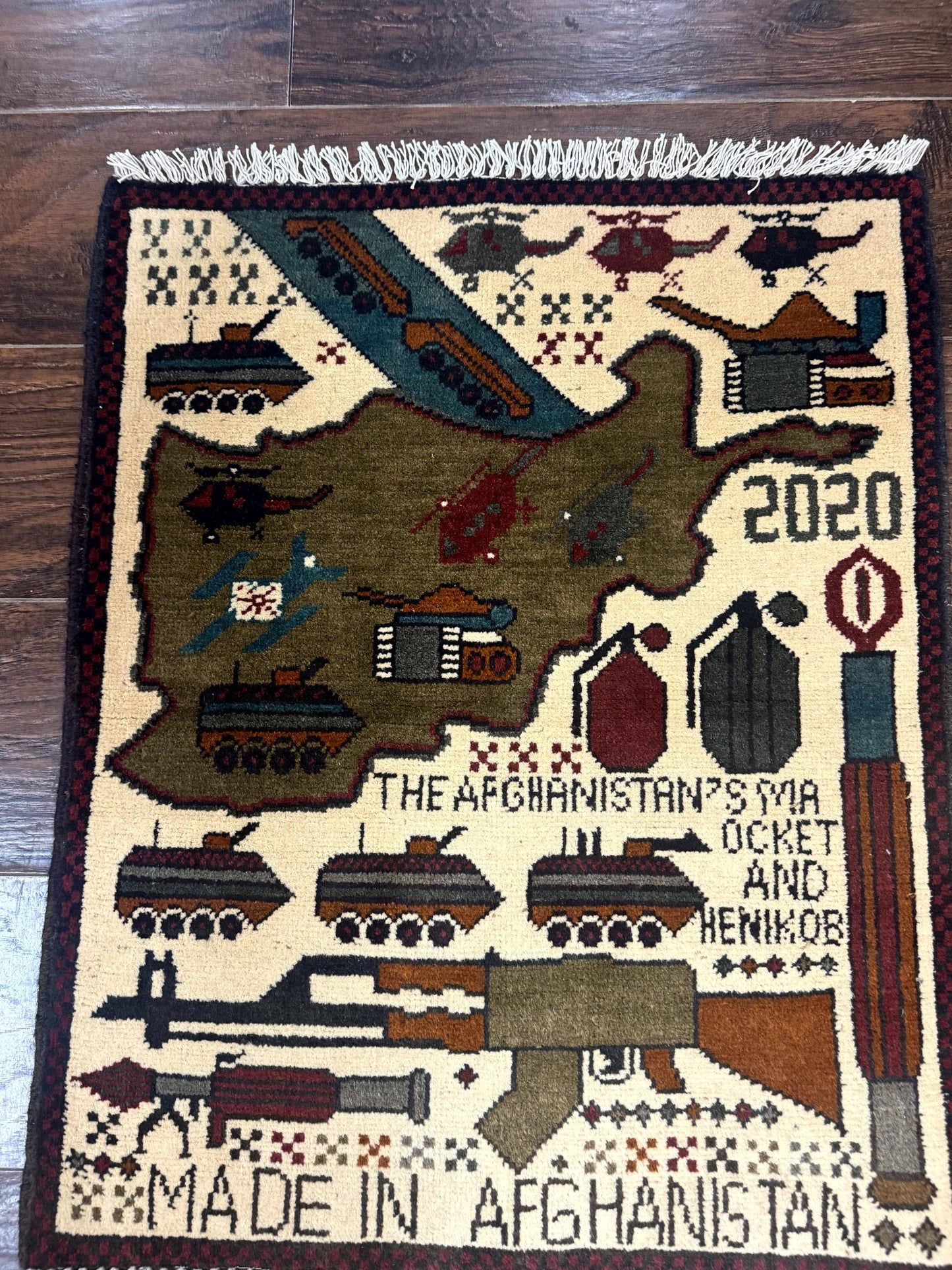 Afghan War Rug, Helicopters Tanks Guns, Handmade, Wool, 2x3 - Nuvé