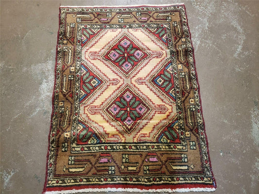 Small Persian Rug 2x3, Hand Knotted Handmade Wool Tribal Geometric Medallion Hamadan Carpet 2 x 3 ft Cream Red Camel Hair Color, Tiny Vintage Carpet - Nuvé