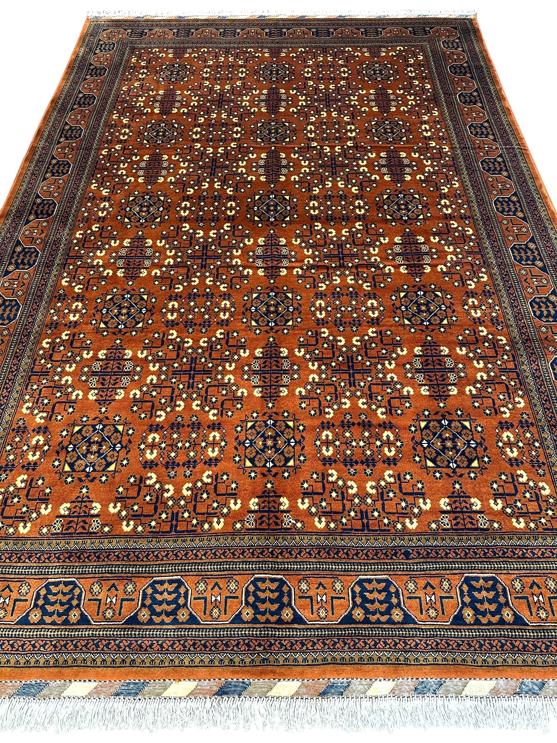 Hand-Knotted Afghani Bukharayi Rug | 6'7" x 10' Wool Area Carpet – Traditional Geometric Design - Nuvé