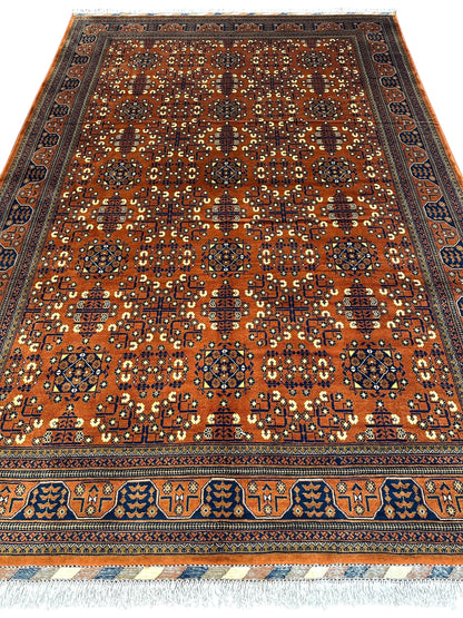 Hand-Knotted Afghani Bukharayi Rug | 6'7" x 10' Wool Area Carpet – Traditional Geometric Design - Nuvé