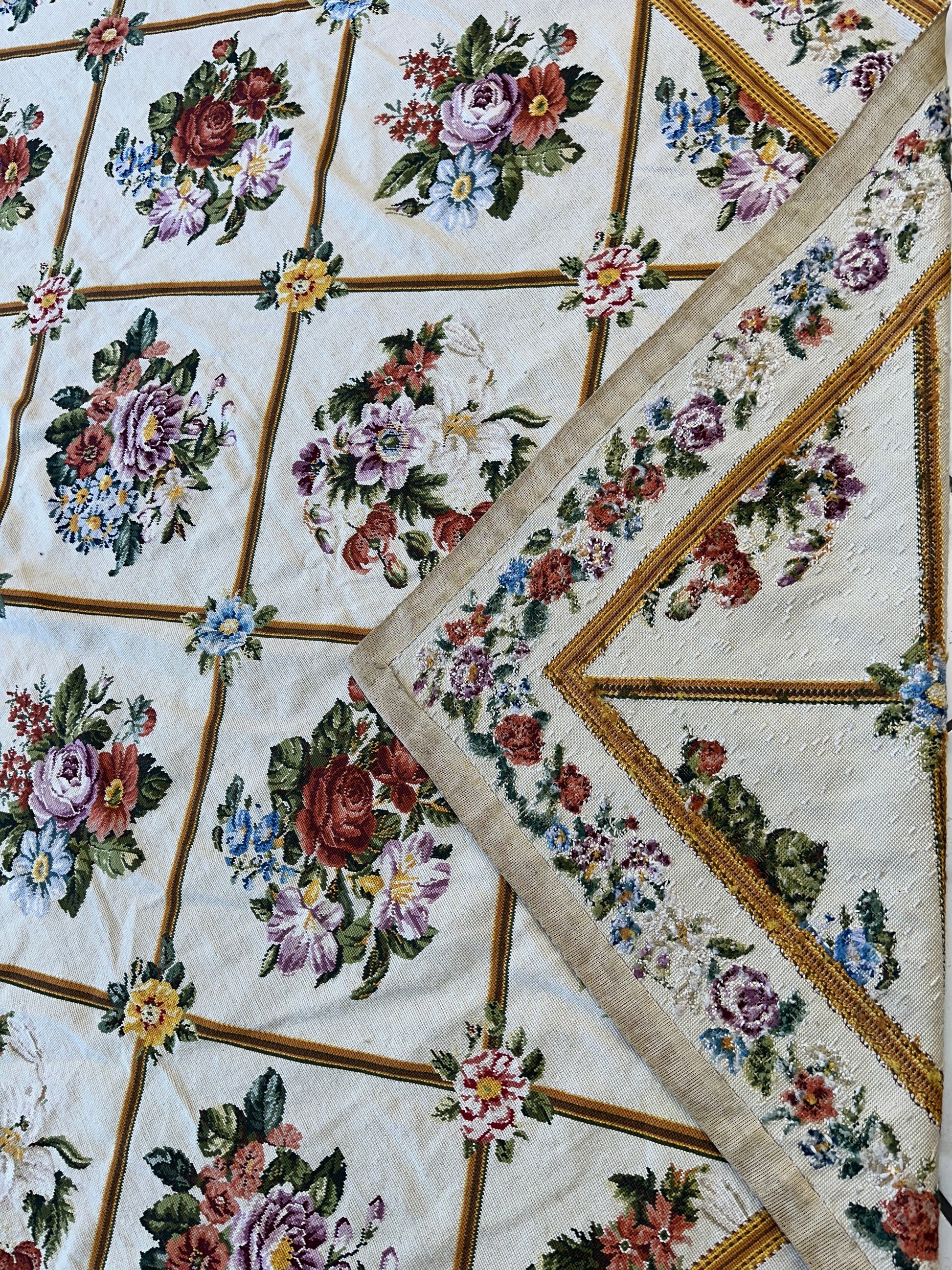 Handmade Needlepoint Floral Wool Rug – 9' 7" x 13' 5" – Vintage European Tapestry Style - Nuvé