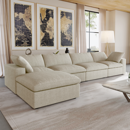 Nuvé® Solace Modular Bouclé Cloud Sofa - Khaki - 4-Seater Sectional Sofa with Ottoman - Nuvé
