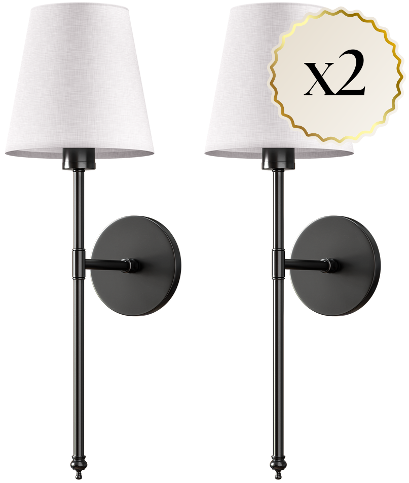 Two wall sconces with white lampshades and black brackets on a white background.