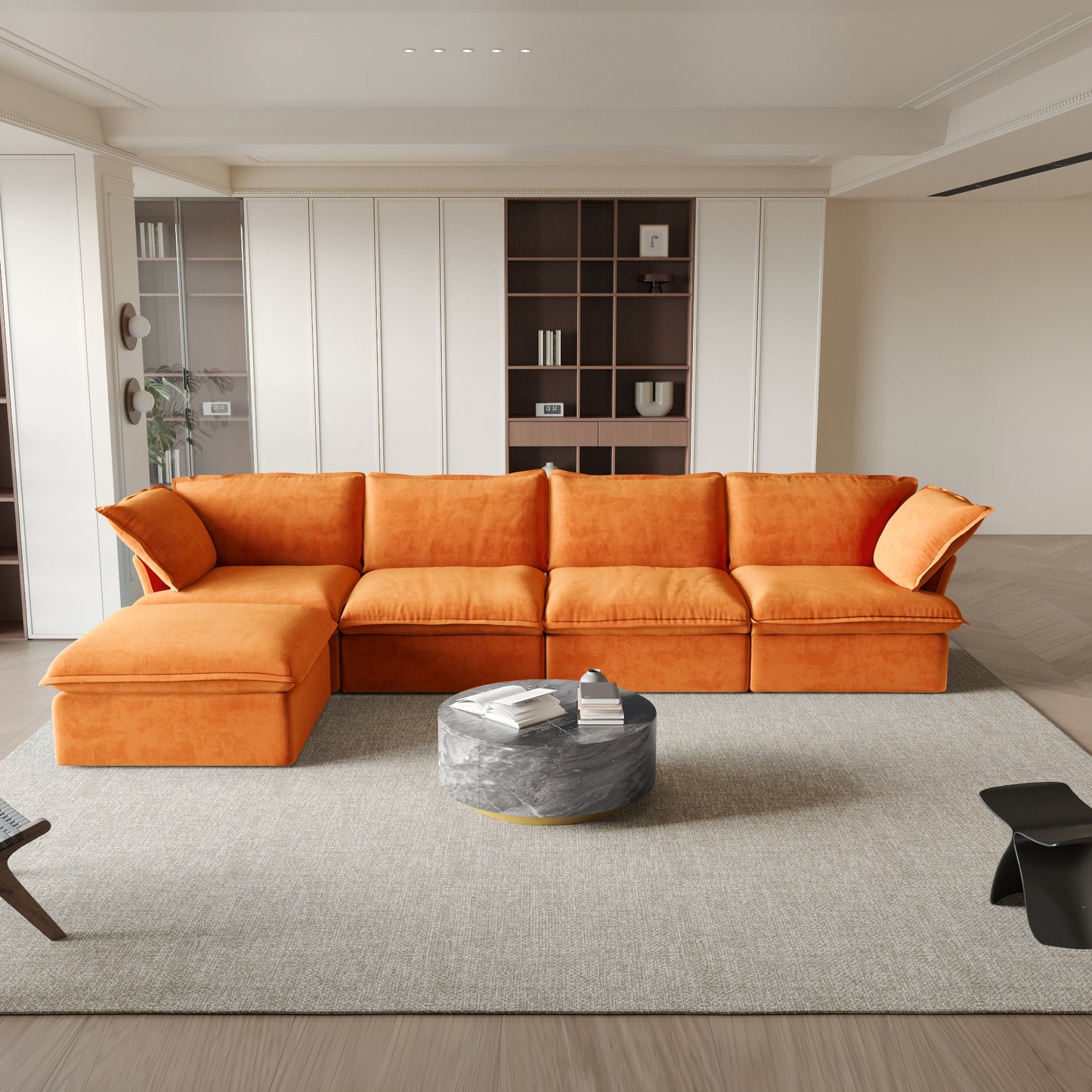 Sabi Modular Boucle Cloud Sofa - Orange - 5-Seater Sectional Sofa with Ottoman - Nuvé