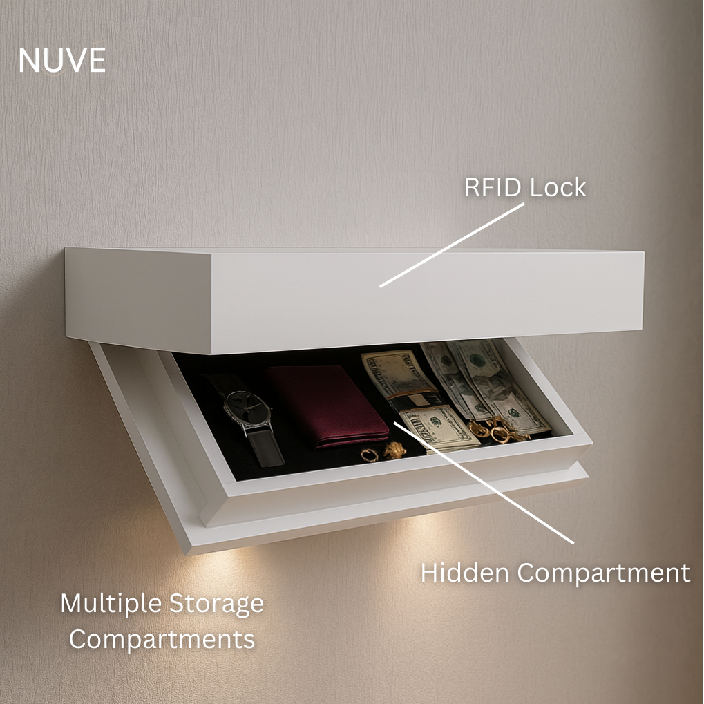 Wall-mounted safe with labeled features including an RFID lock and hidden compartments.