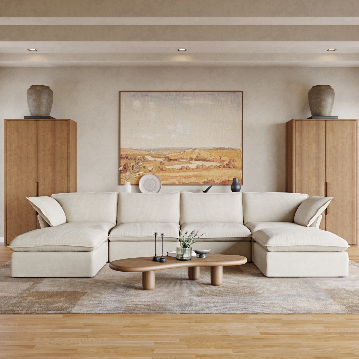 Sabi Modular Boucle Cloud Sofa - Beige - 4-Seater Sectional Sofa with 2 Ottomans - Nuvé
